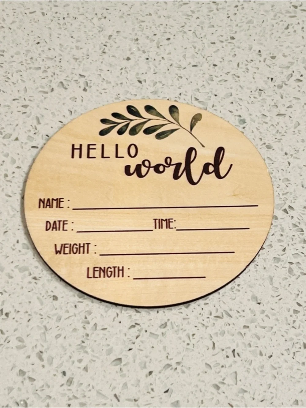 🍃🎍NWT BABY “HELLO WORLD” ROUND WOODEN PLAQUE🎍🍃